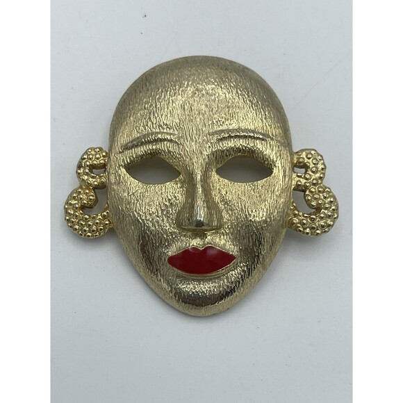 Vintage MJENT Face Mask Gold Tone Brooch - Picture 2 of 8